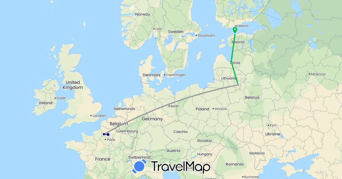TravelMap itinerary: driving, bus, plane in Estonia, France, Lithuania, Latvia (Europe)